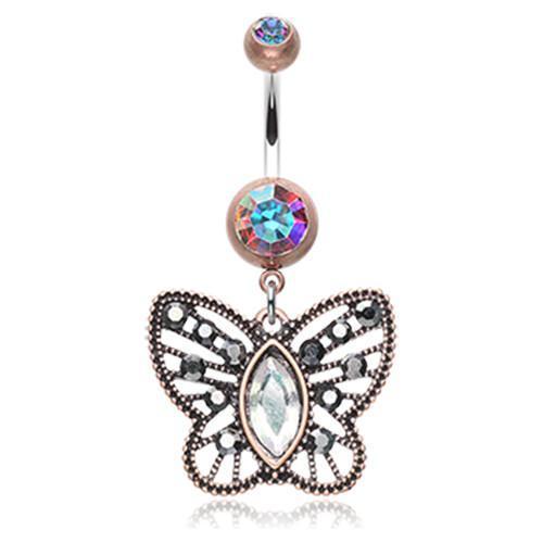 Copper/Aurora Borealis/Hematite Vintage Boho Butterfly Fliligree Belly Button Ring
