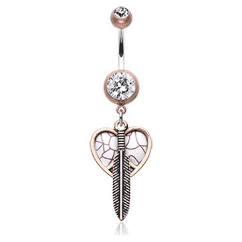Copper/Clear/White Vintage Boho Peace Heart w/ Feather Belly Button Ring
