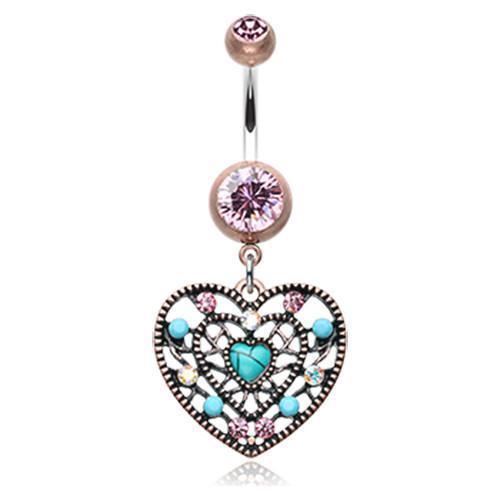 Copper/Pink/Turquoise Vintage Boho Filigree Turquoise Heart Belly Button Ring