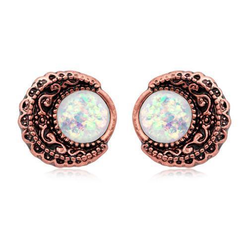 Copper/White Vintage Boho Filigree Moon Opal Ear Stud Earrings - 1 Pair