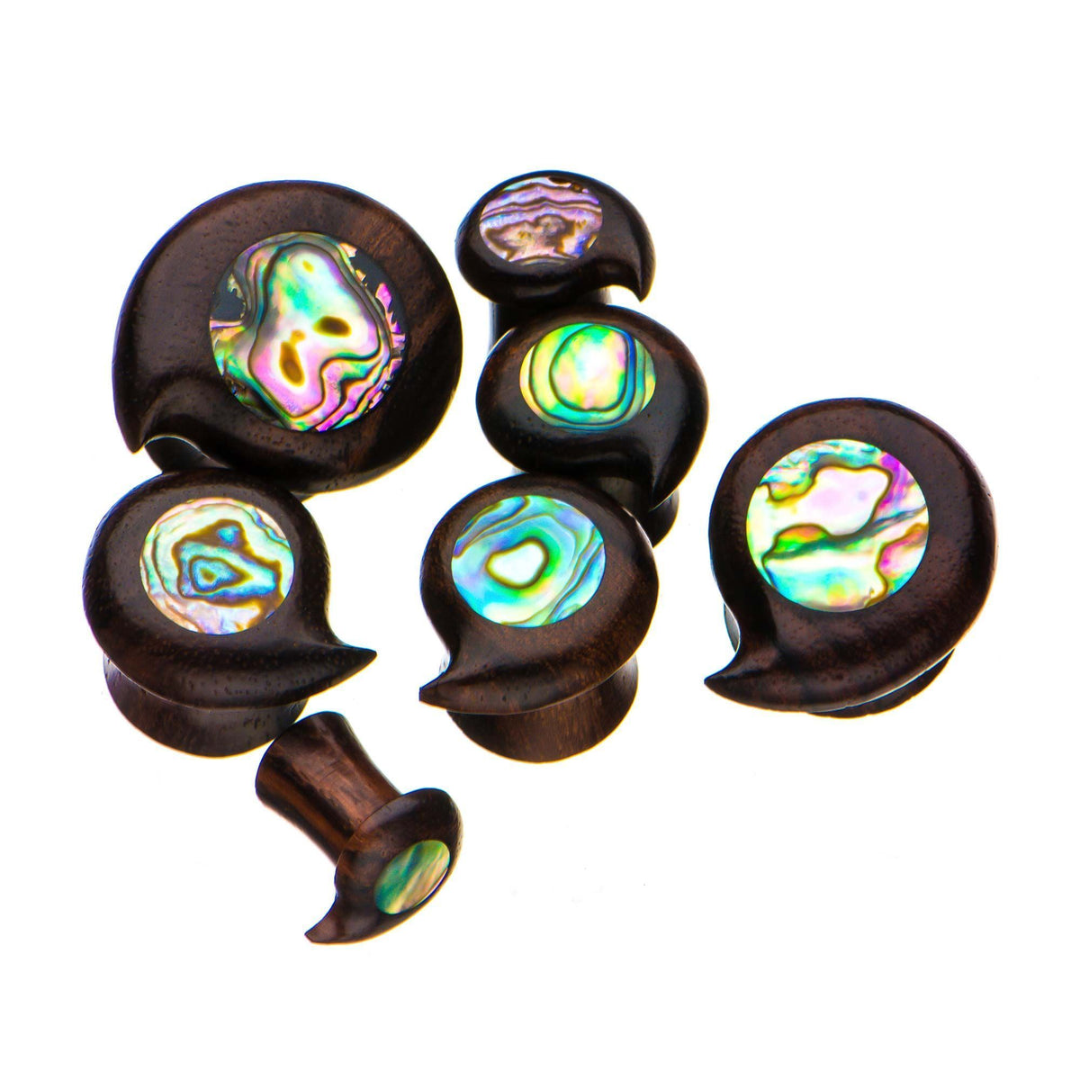 Curved Teardrop Sono Wood Double Flared Ear Gauge Plugs Abalone shell - 1 Pair