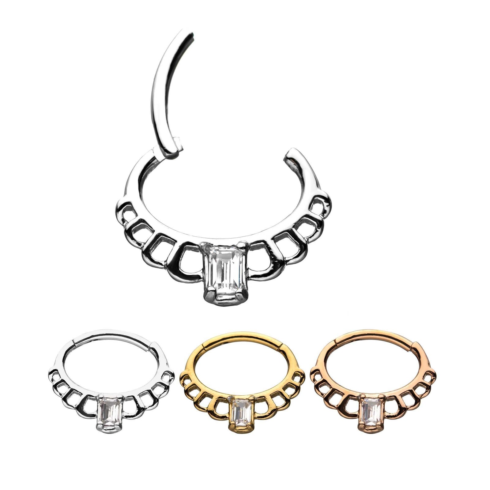 Cut Out Edge Rectangle Center Clear Gem Clicker Hinged Segment Hoop Clicker