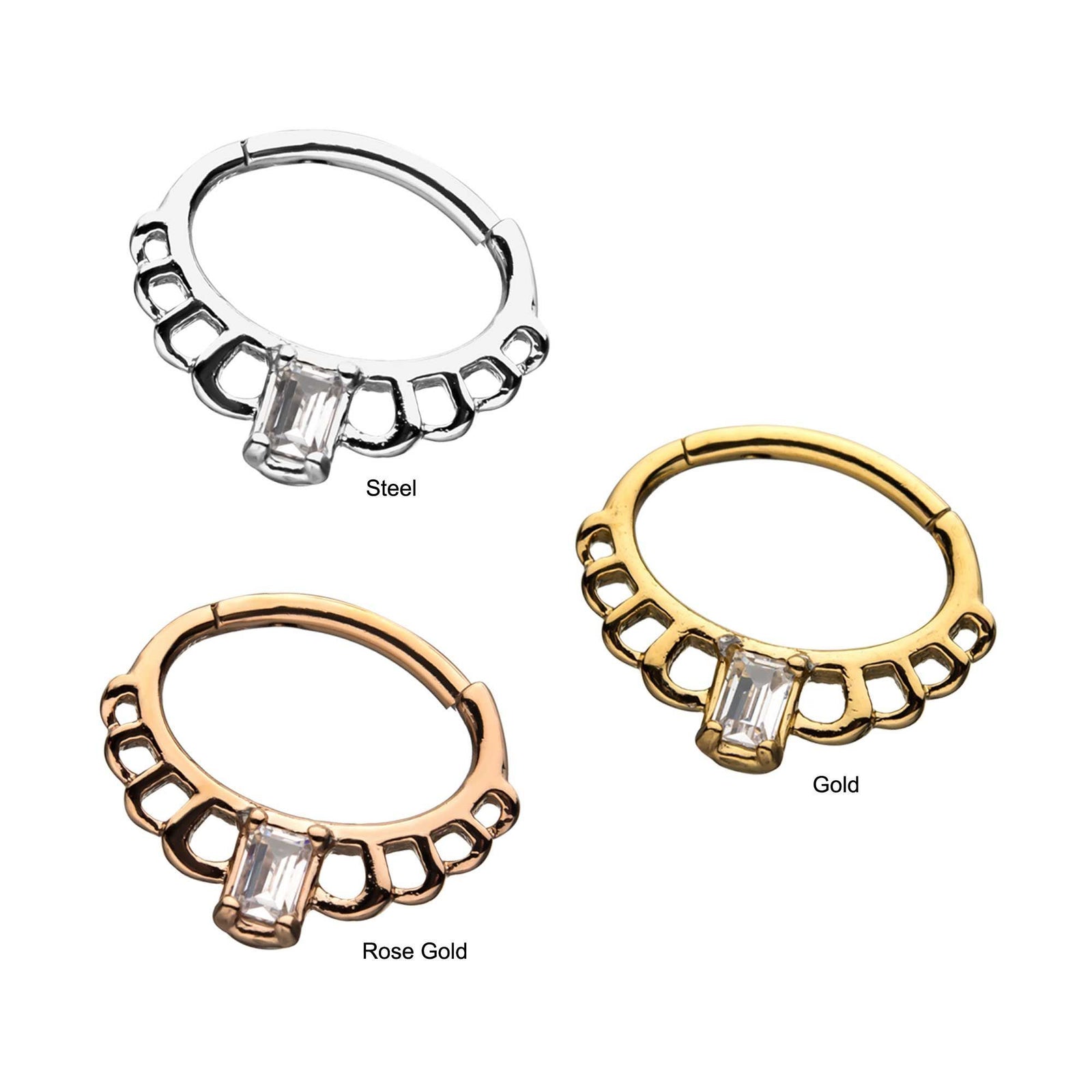 Cut Out Edge Rectangle Center Clear Gem Clicker Hinged Segment Hoop Clicker