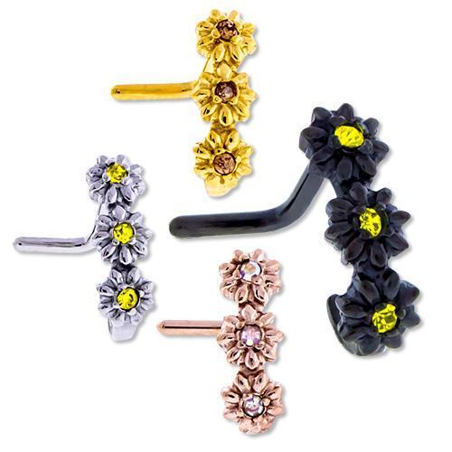 Daisy Curved Nose Stud Nose Curve 3 Round Gems - 1 Piece