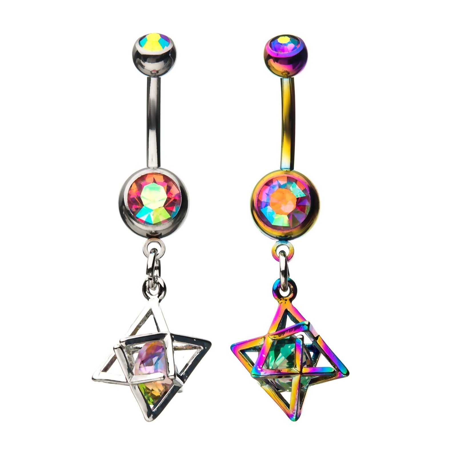 Belly Ring - Dangle Dangle Navel with Caged Rainbow Floating CZ Gem sbvnsq9442w -Rebel Bod-RebelBod