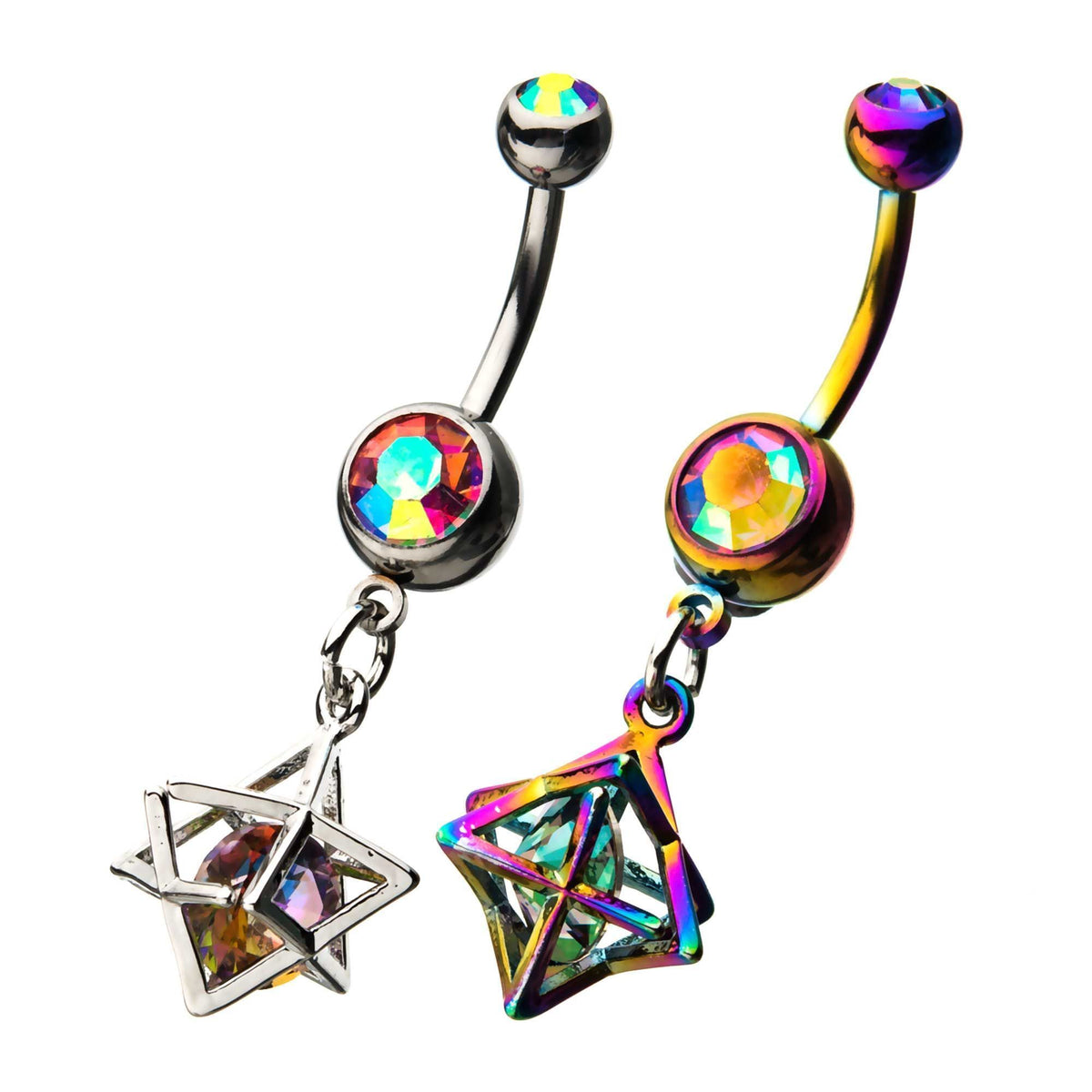 Belly Ring - Dangle Dangle Navel with Caged Rainbow Floating CZ Gem sbvnsq9442w -Rebel Bod-RebelBod