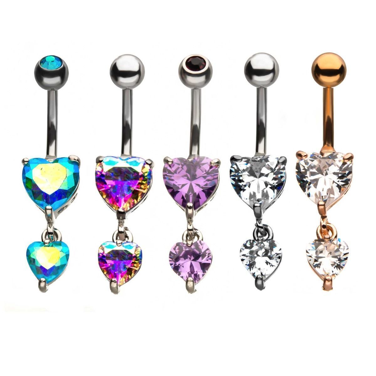 Belly Ring - Dangle Dangling Double Heart CZ Gem Navels sbvnsq9844 -Rebel Bod-RebelBod