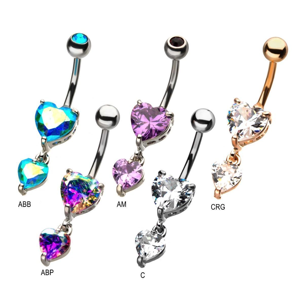 Belly Ring - Dangle Dangling Double Heart CZ Gem Navels sbvnsq9844 -Rebel Bod-RebelBod