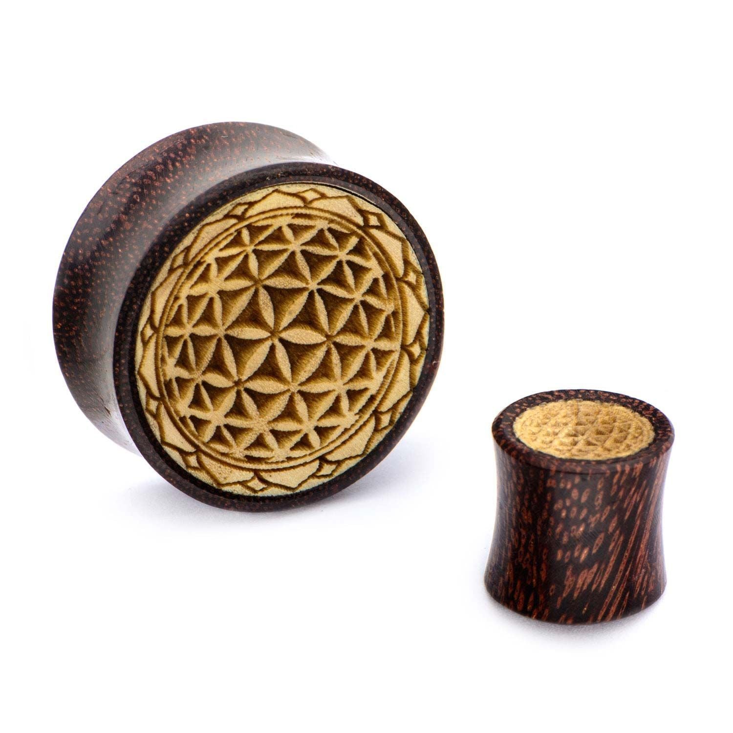 Dark Tamarind Wood Plugs w/ Flower of Life Front - 1 Pair sbvwpl294