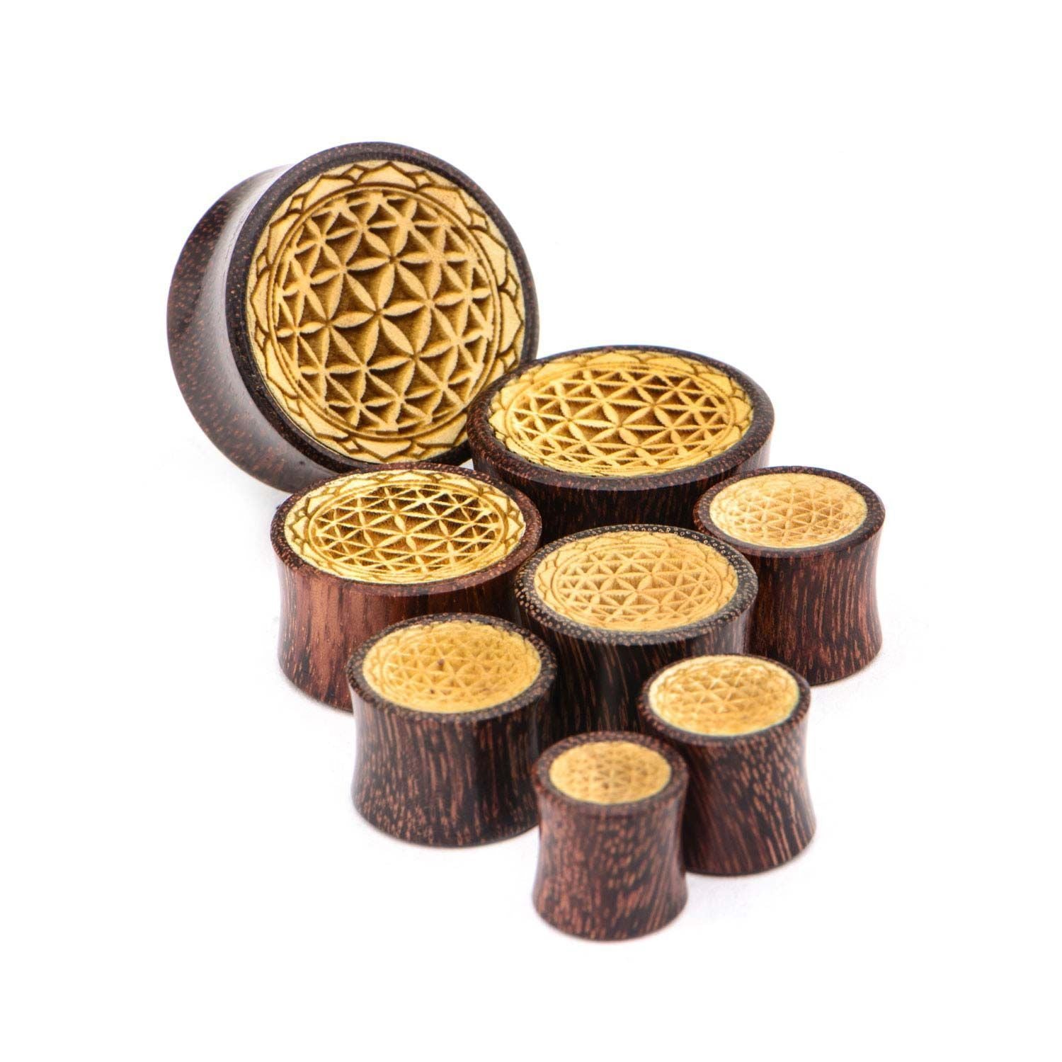 Dark Tamarind Wood Plugs w/ Flower of Life Front - 1 Pair sbvwpl294