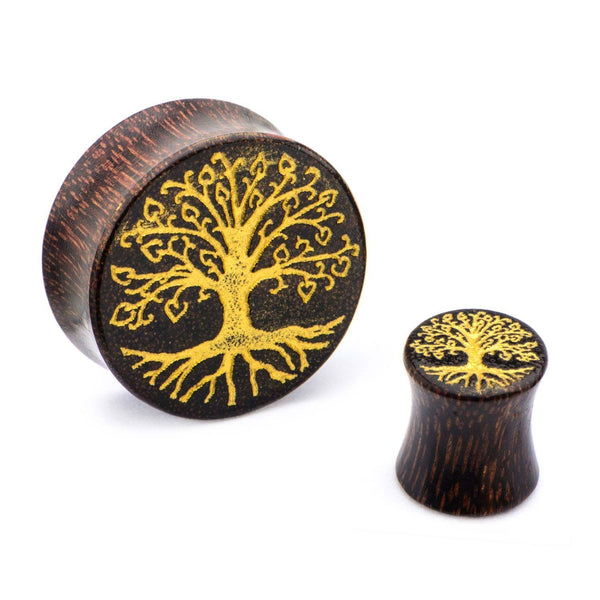 Dark Tamarind Wood Plugs w/ Golden Tree of Life Front - 1 Pair