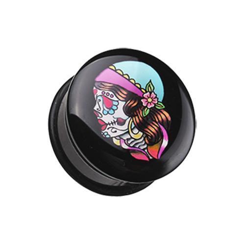 Day of the Dead Lady Skull Single Flared Ear Gauge Plug - 1 Pair