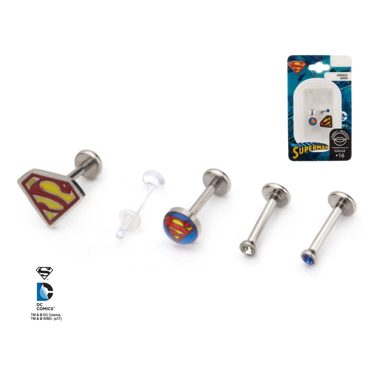 DC COMICS DC Comics Superman Logo Gem Top Labret Stud Multi Packs -Rebel Bod-RebelBod