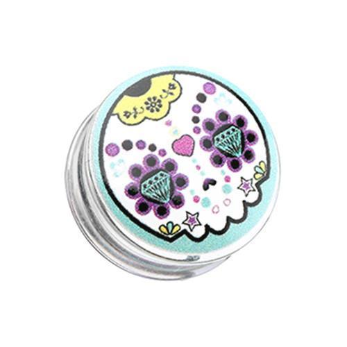 Diamond Eyes Sugar Skull Clear UV Single Flared Ear Gauge Plug - 1 Pair