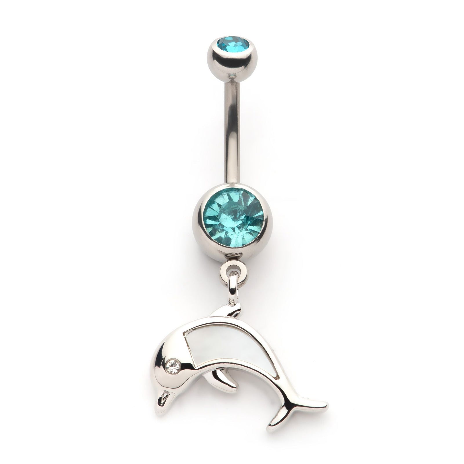 Belly Dolphin Clear CZ Eye Mother of Pearl Inlay Dangle Navel nsq22217 -Rebel Bod-RebelBod
