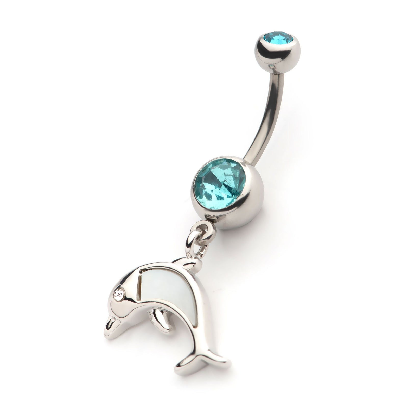 Belly Dolphin Clear CZ Eye Mother of Pearl Inlay Dangle Navel nsq22217 -Rebel Bod-RebelBod
