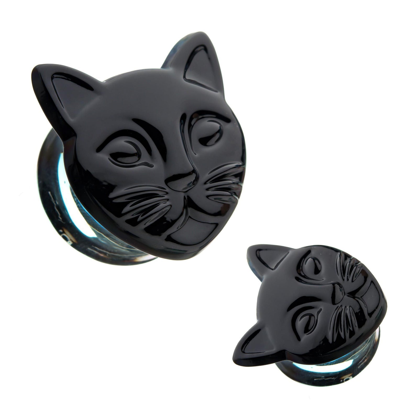 Double Flare Black Cat Head Glass Double Flared Ear Gauge Plugs - 1 Pair