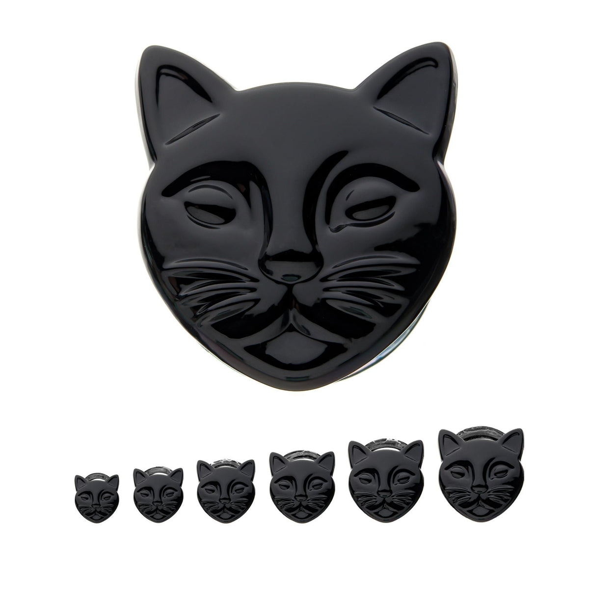Double Flare Black Cat Head Glass Double Flared Ear Gauge Plugs - 1 Pair