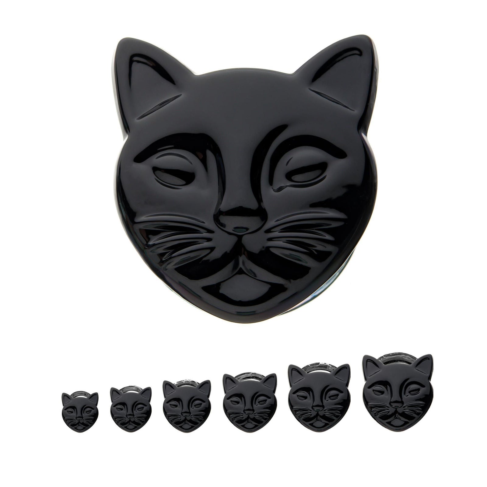 Double Flare Black Cat Head Glass Double Flared Ear Gauge Plugs - 1 Pair