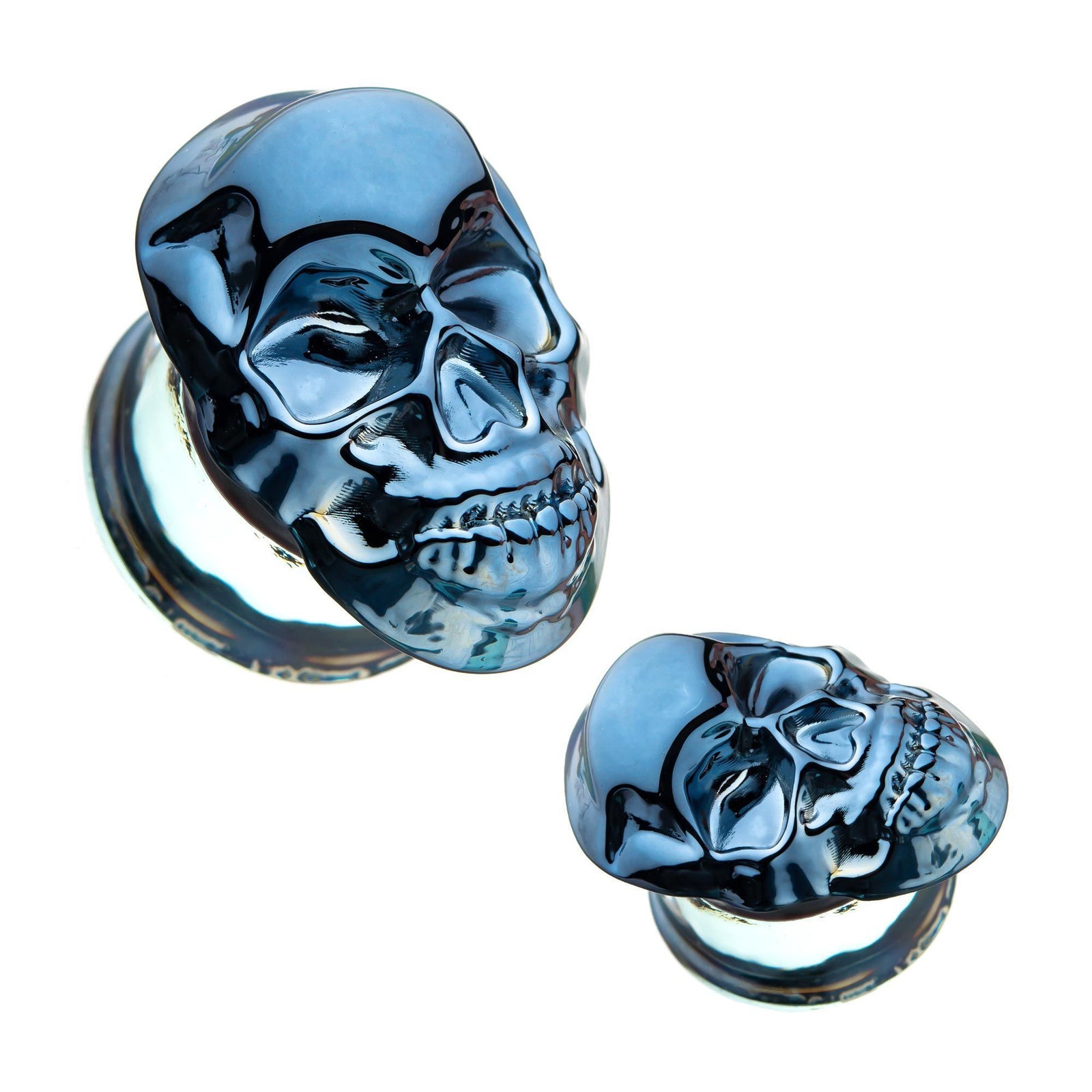 Double Flare Gunmetal Skull Glass Double Flared Ear Gauge Plugs - 1 Pair