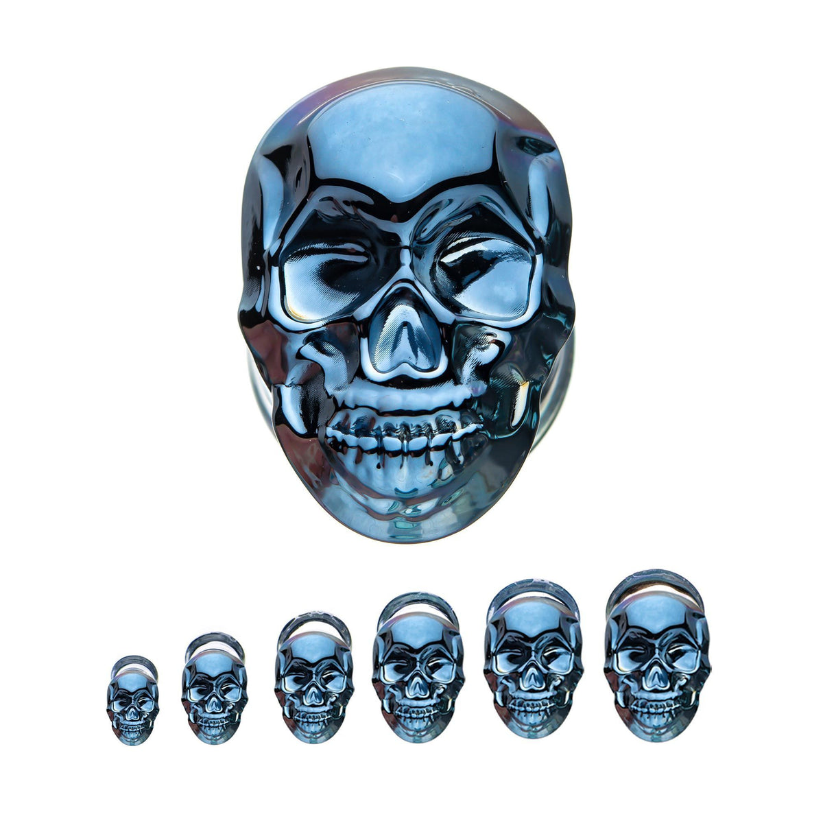 Double Flare Gunmetal Skull Glass Double Flared Ear Gauge Plugs - 1 Pair