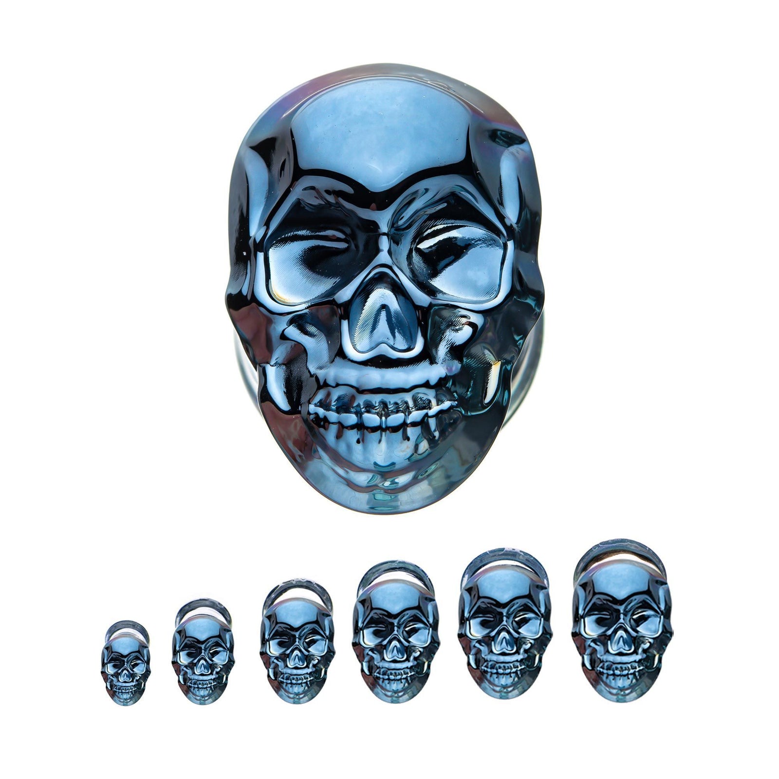 Double Flare Gunmetal Skull Glass Double Flared Ear Gauge Plugs - 1 Pair