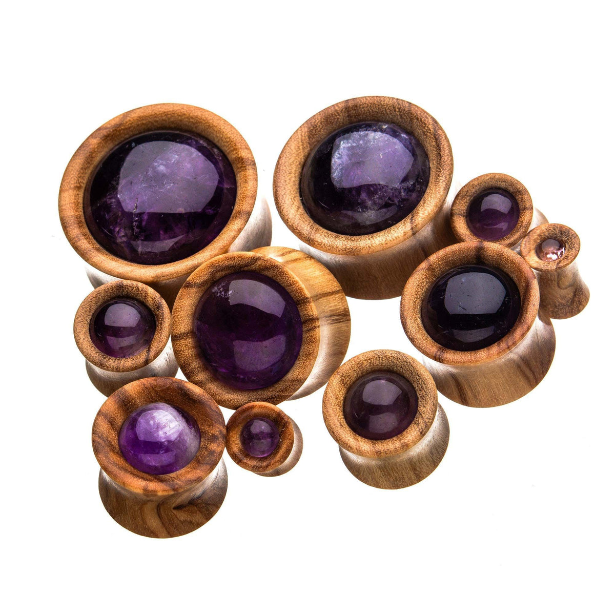 Plugs Earrings - Double Flare Double Flare Olive Wood with Amethyst CZ Gem Plugs - 1 Pair sbvwpl500am -Rebel Bod-RebelBod