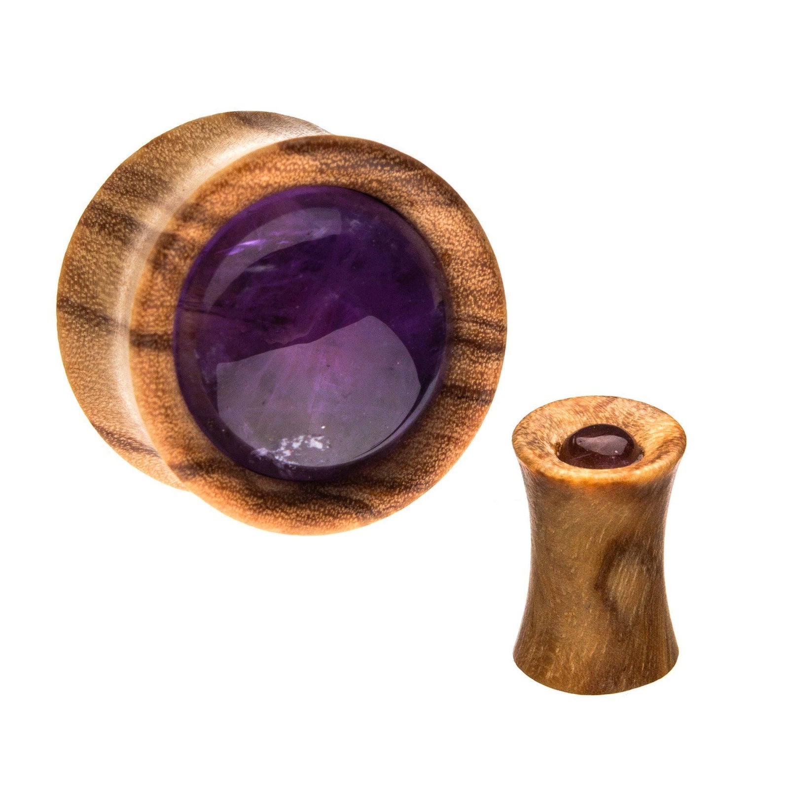 Plugs Earrings - Double Flare Double Flare Olive Wood with Amethyst CZ Gem Plugs - 1 Pair sbvwpl500am -Rebel Bod-RebelBod