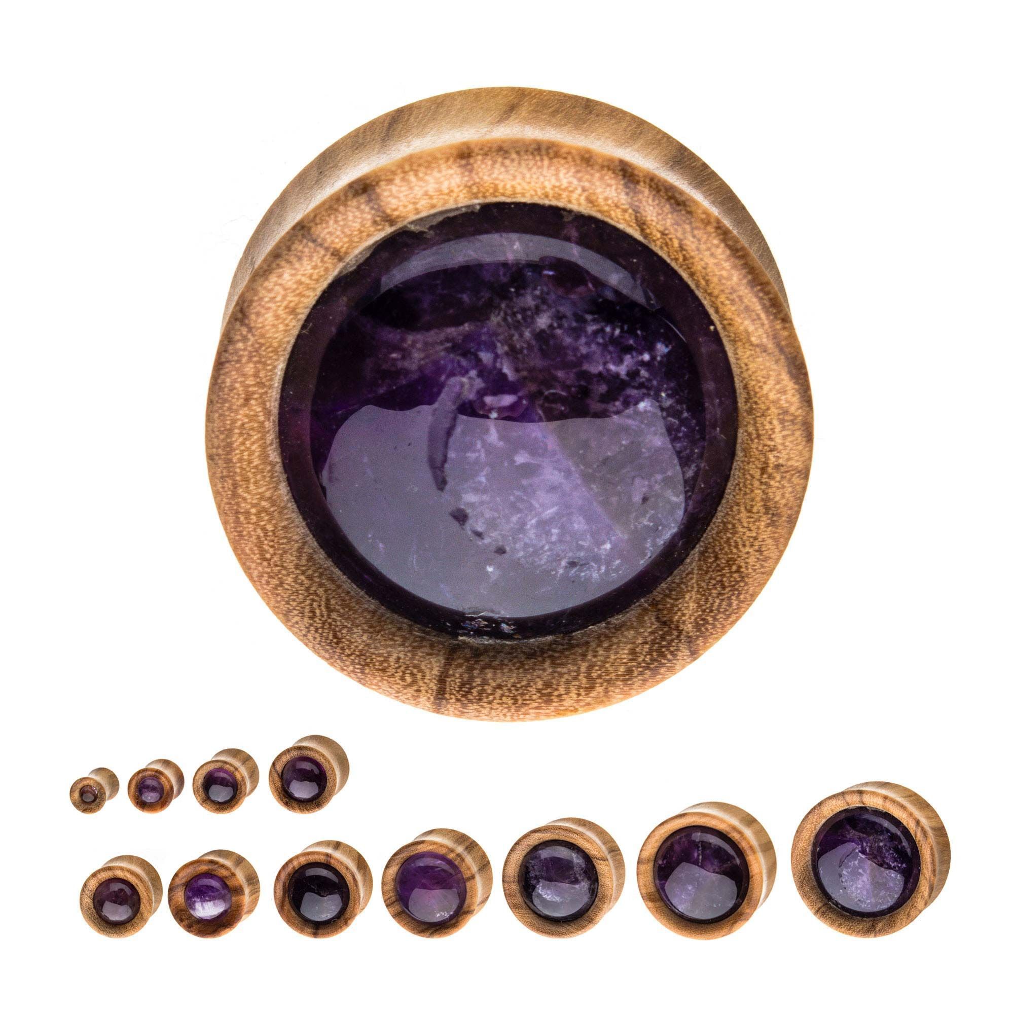Plugs Earrings - Double Flare Double Flare Olive Wood with Amethyst CZ Gem Plugs - 1 Pair sbvwpl500am -Rebel Bod-RebelBod