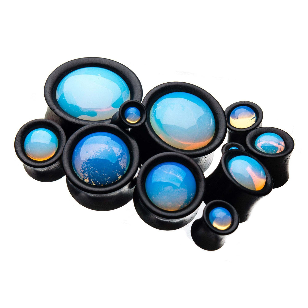 Plugs Earrings - Double Flare Double Flare with Opalite Stone Iron Wood Plugs - 1 Pair sbvwpl504op -Rebel Bod-RebelBod