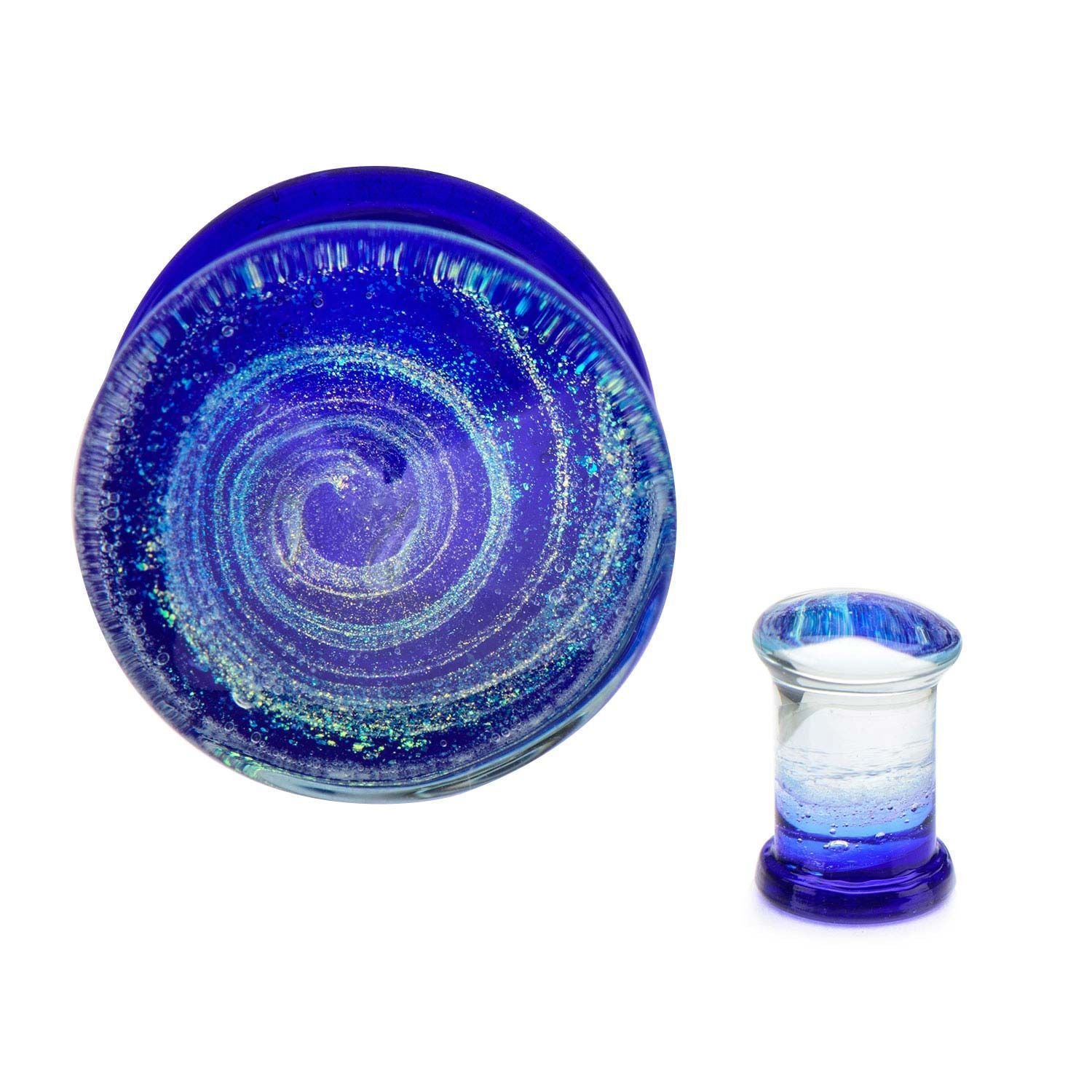 Double Flared Blue Swirl Glass Double Flared Ear Gauge Plugs - 1 Pair