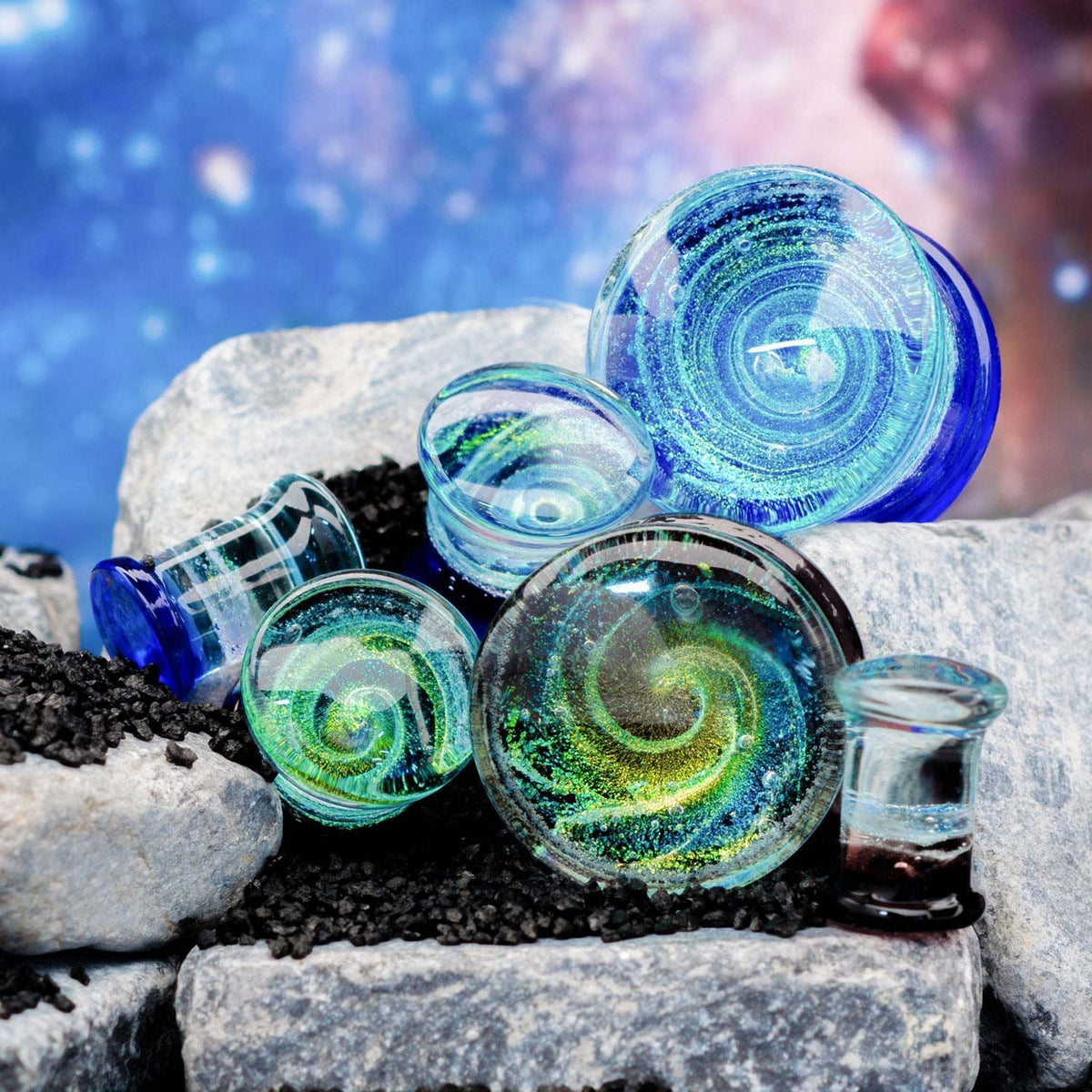 Double Flared Blue Swirl Glass Double Flared Ear Gauge Plugs - 1 Pair