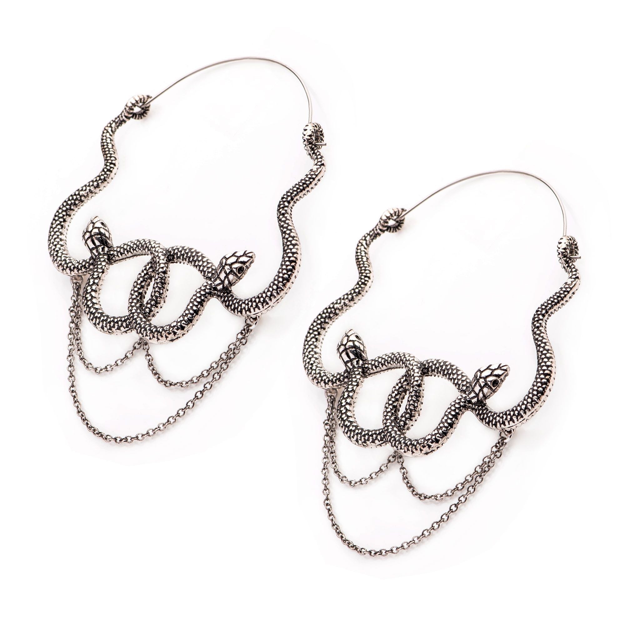 Tapers - Hanging Double Hooked Serpents Chain Dangles Plug Hoops -Rebel Bod-RebelBod