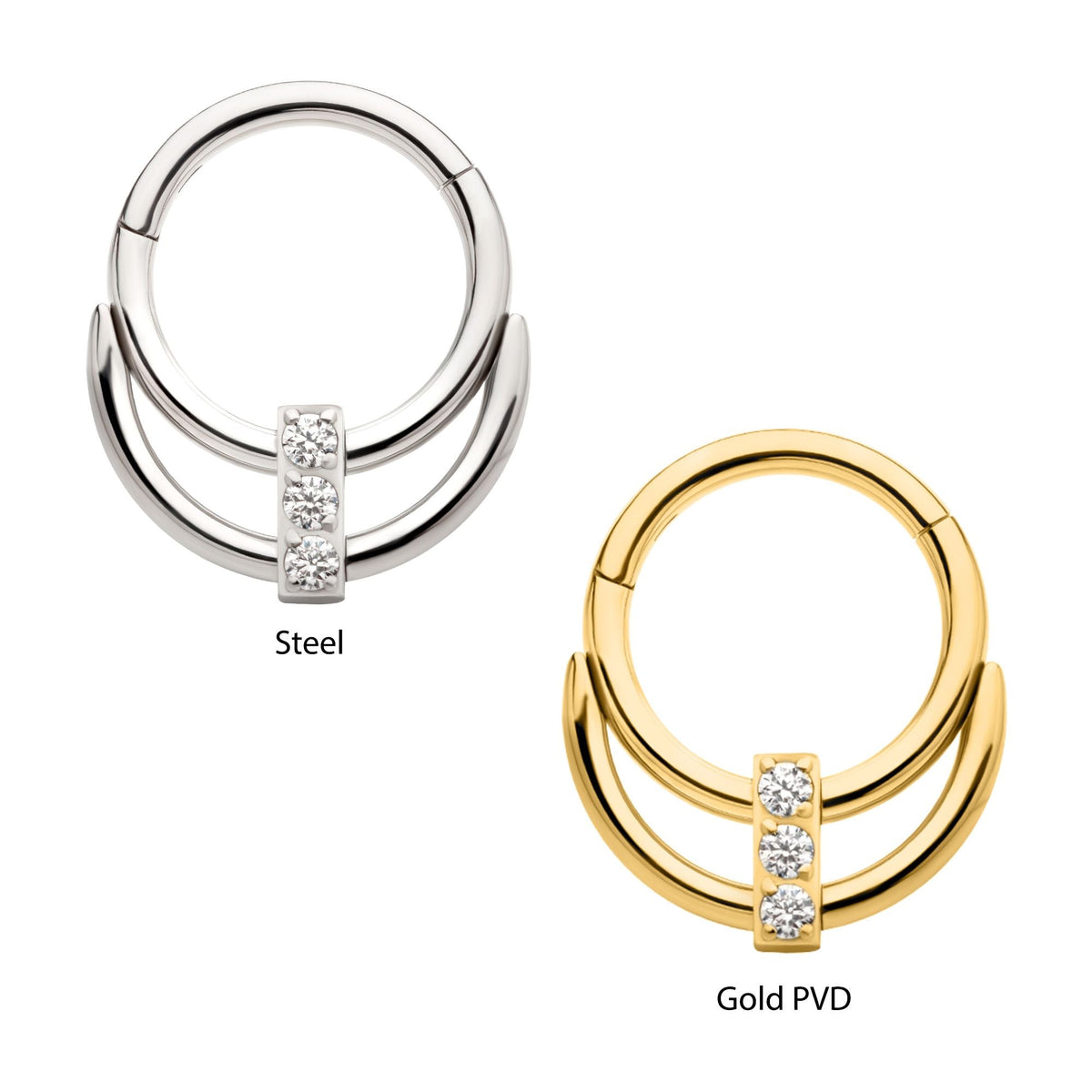 SEAMLESS CLICKER Double Hoop 3-Cluster CZ Front Facing Hinged Segment Clicker sgrhj105c-61 -Rebel Bod-RebelBod