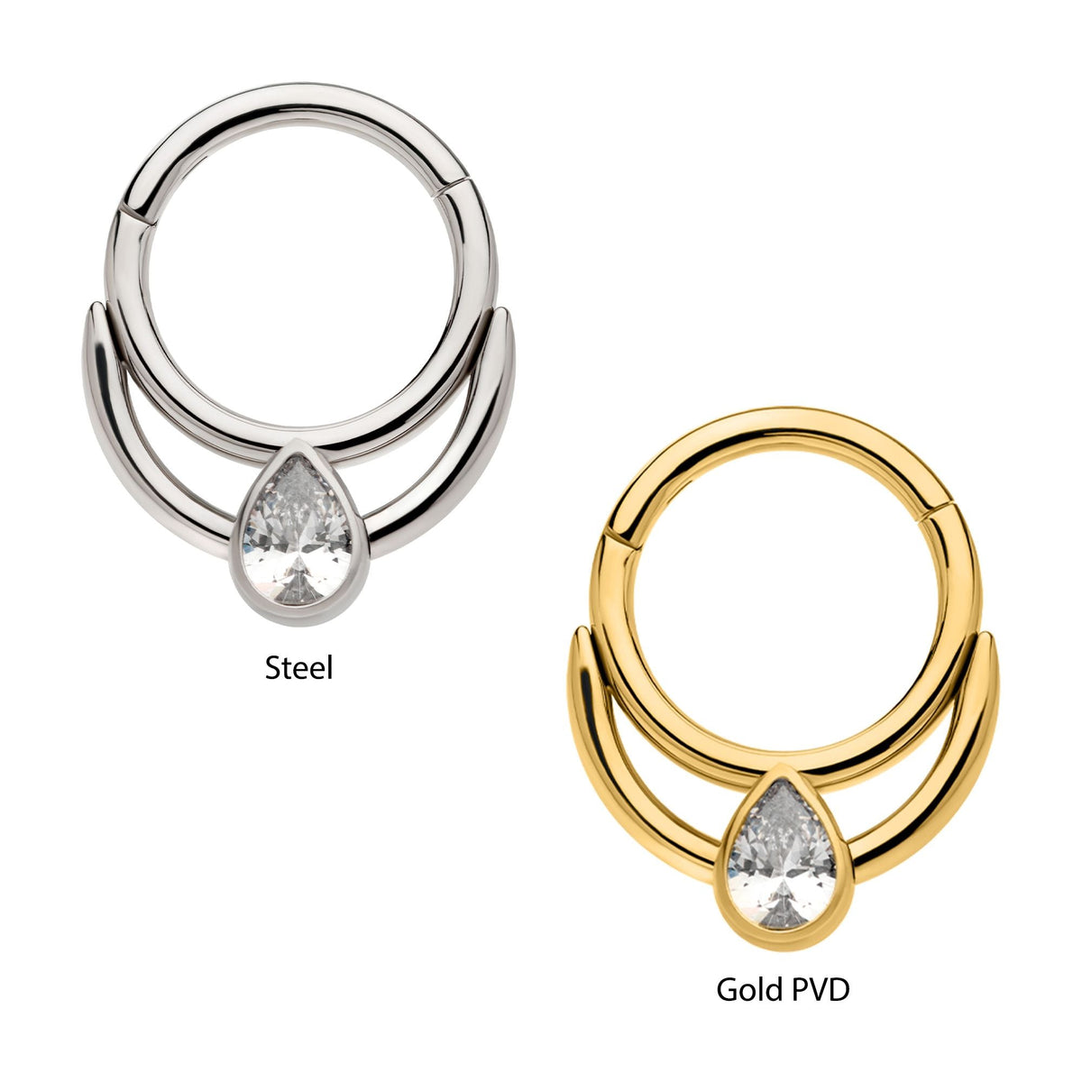 SEAMLESS CLICKER Double Hoop Bezel Set Teardrop Clear CZ Front Facing Hinged Segment Clicker sgrhj103c-61 -Rebel Bod-RebelBod
