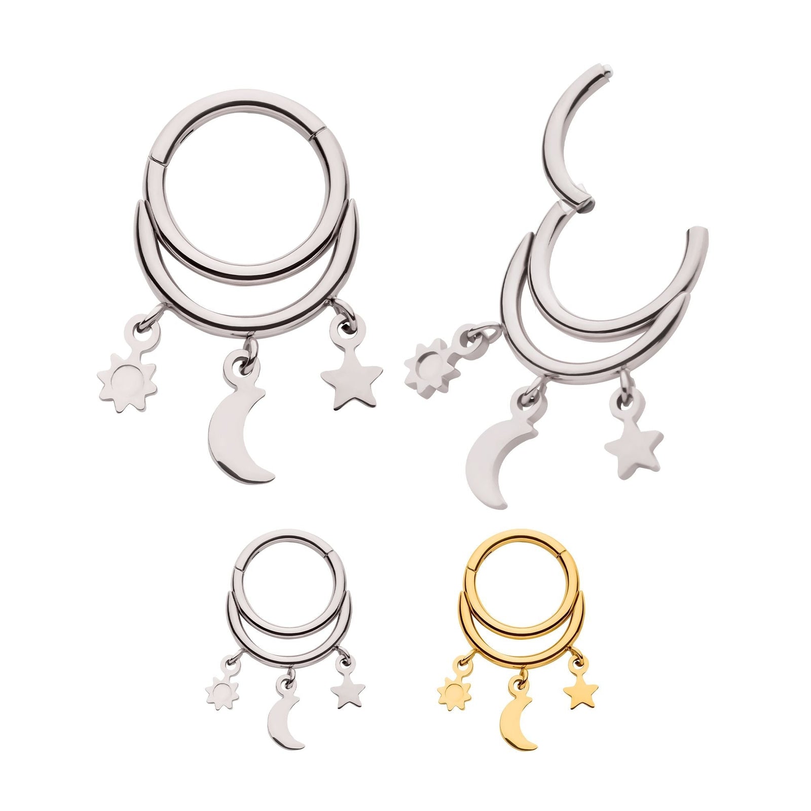 SEAMLESS CLICKER Double Hoop Sun, Star Crescent Moon Dangle Charms Hinged Segment Clicker -Rebel Bod-RebelBod