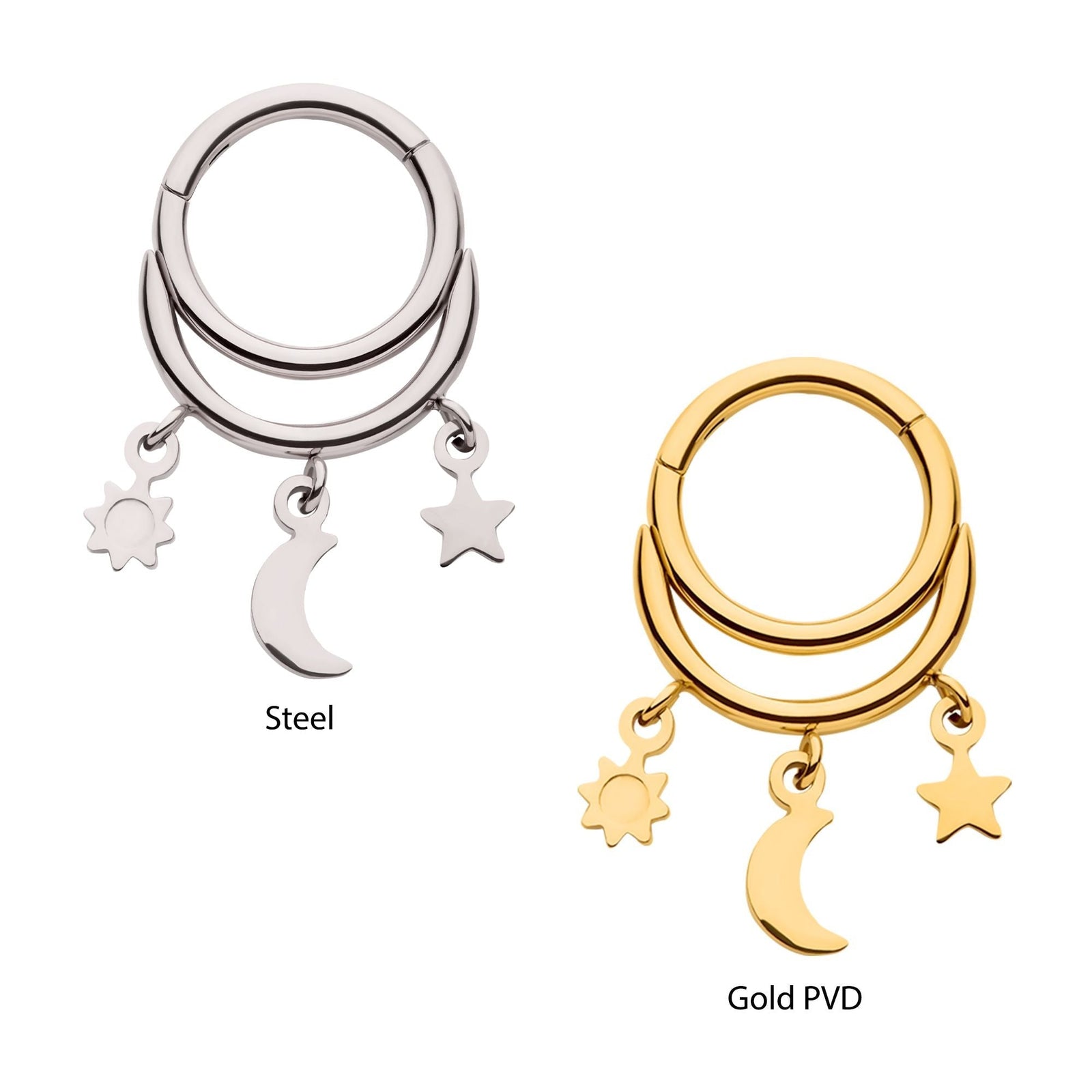 SEAMLESS CLICKER Double Hoop Sun, Star Crescent Moon Dangle Charms Hinged Segment Clicker -Rebel Bod-RebelBod