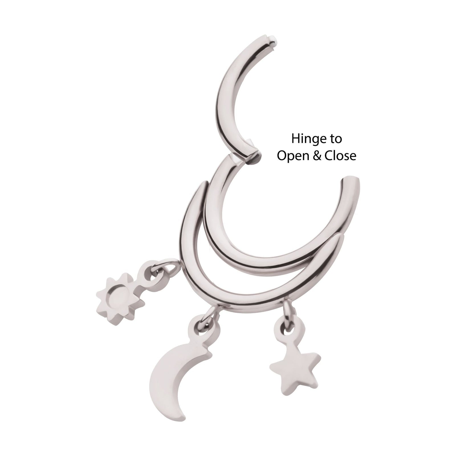 SEAMLESS CLICKER Double Hoop Sun, Star Crescent Moon Dangle Charms Hinged Segment Clicker -Rebel Bod-RebelBod