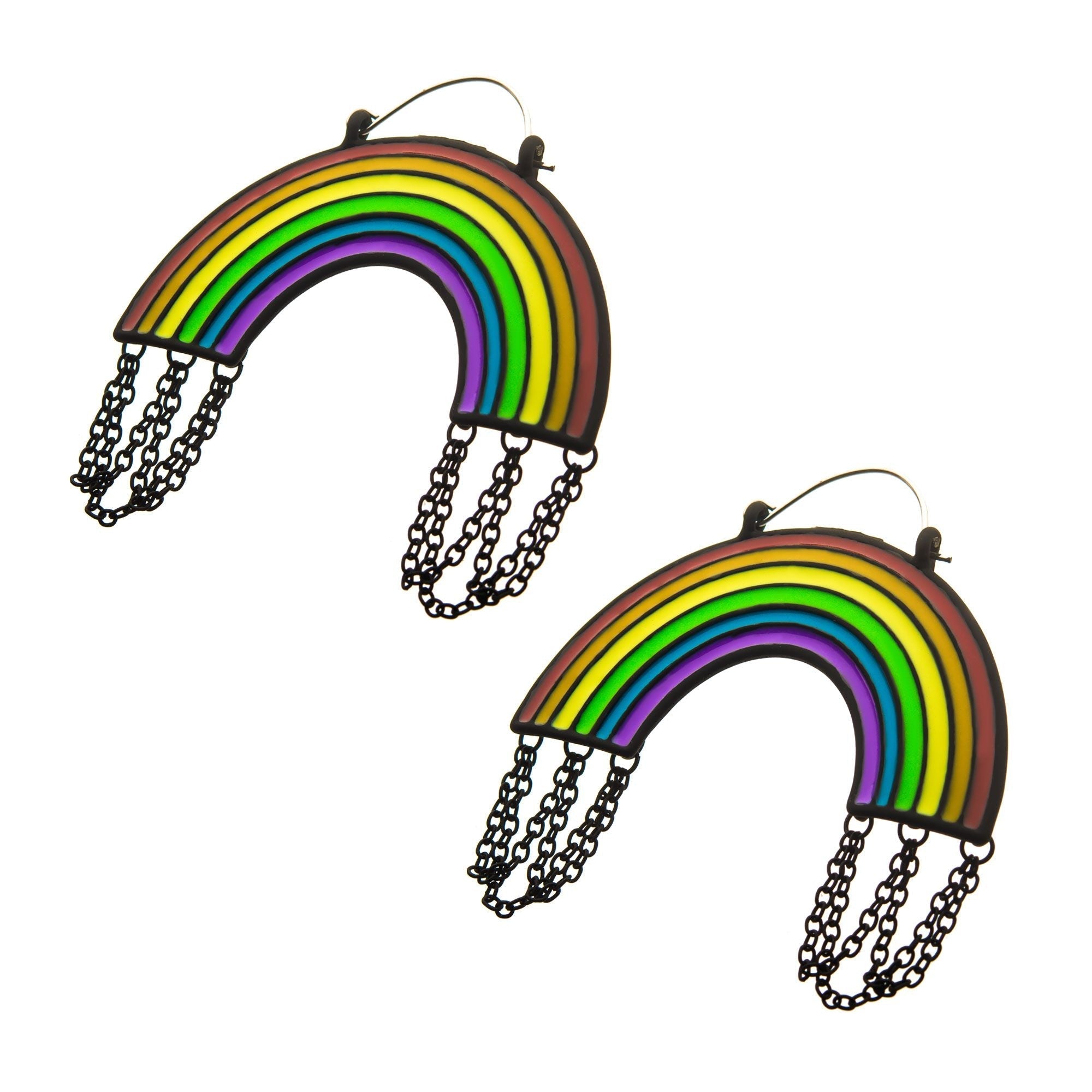 Tapers - Hanging Enamel Rainbow Matte Black PVD Chain Plug Hoops -Rebel Bod-RebelBod