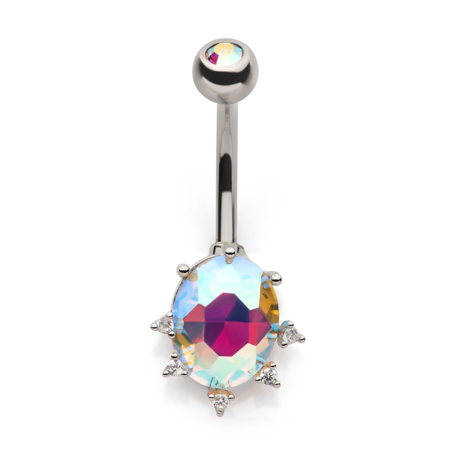 TBD-Belly Externally Threaded Aurora Borealis Big Oval CZ Clear Round CZ Fixed Navel -Rebel Bod-RebelBod