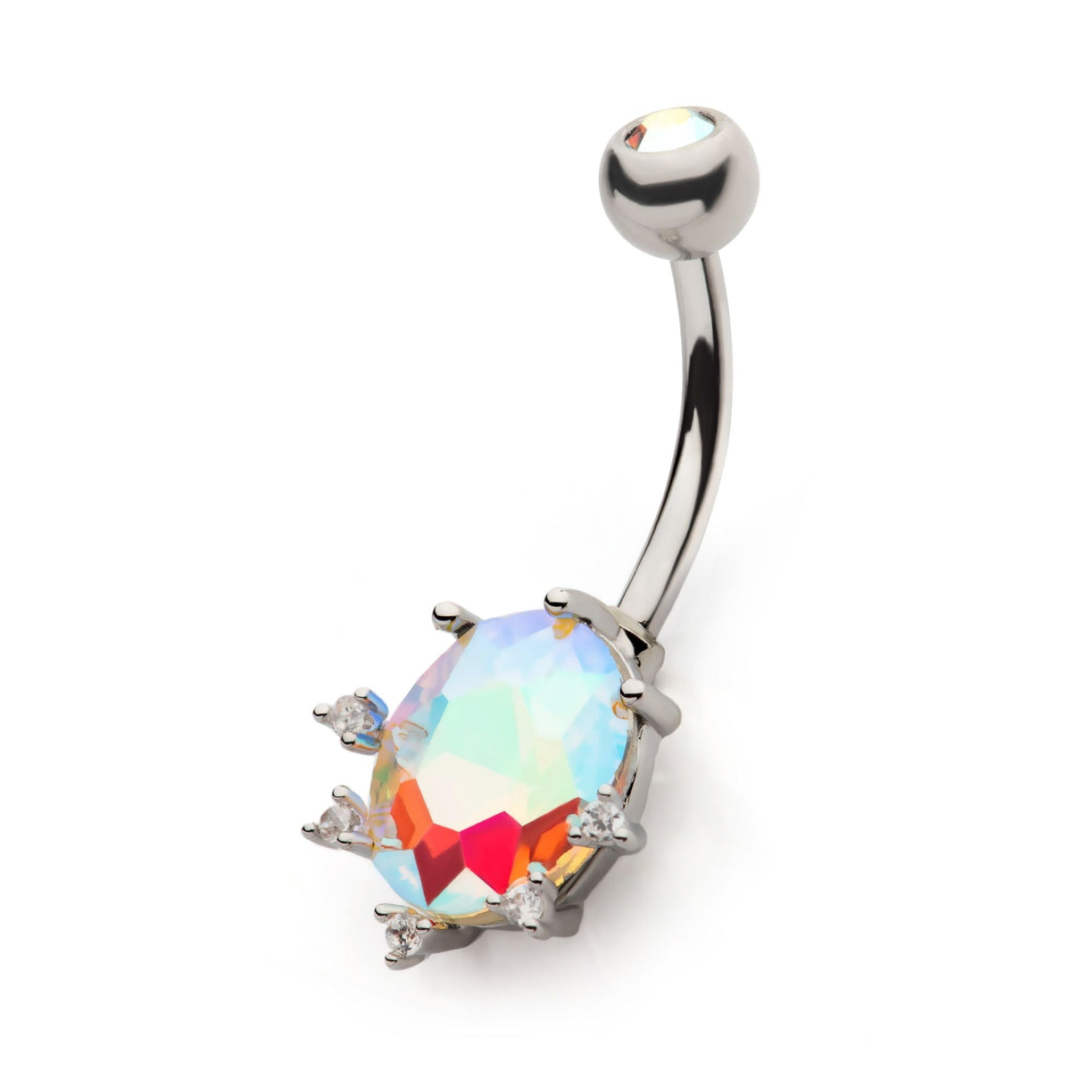 TBD-Belly Externally Threaded Aurora Borealis Big Oval CZ Clear Round CZ Fixed Navel -Rebel Bod-RebelBod