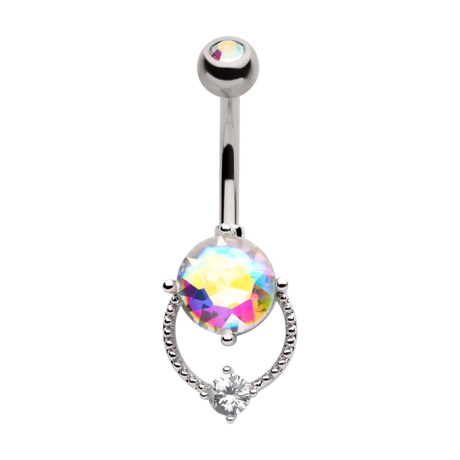 TBD-Belly Externally Threaded Aurora Borealis Clear Round CZ Beaded Circle Fixed Navel -Rebel Bod-RebelBod