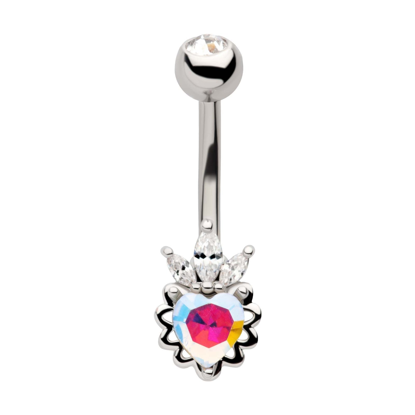 TBD-Belly Externally Threaded Aurora Borealis CZ Heart Clear Trinity Marquise CZ Fixed Navel -Rebel Bod-RebelBod