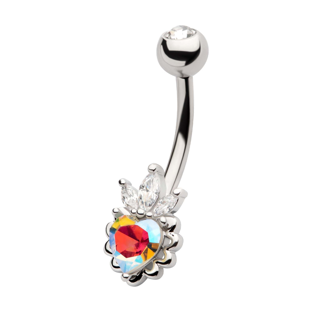 TBD-Belly Externally Threaded Aurora Borealis CZ Heart Clear Trinity Marquise CZ Fixed Navel -Rebel Bod-RebelBod