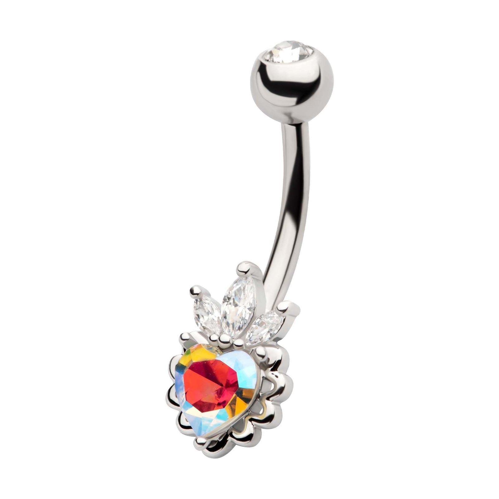 TBD-Belly Externally Threaded Aurora Borealis CZ Heart Clear Trinity Marquise CZ Fixed Navel -Rebel Bod-RebelBod