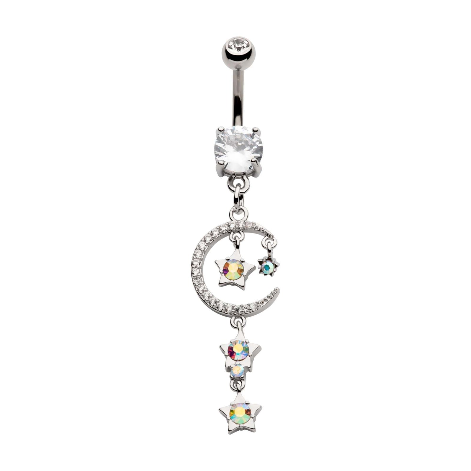 TBD-Belly Externally Threaded Aurora Borealis CZ Stars Clear CZ Crescent Moon Triple Dangle Navel -Rebel Bod-RebelBod