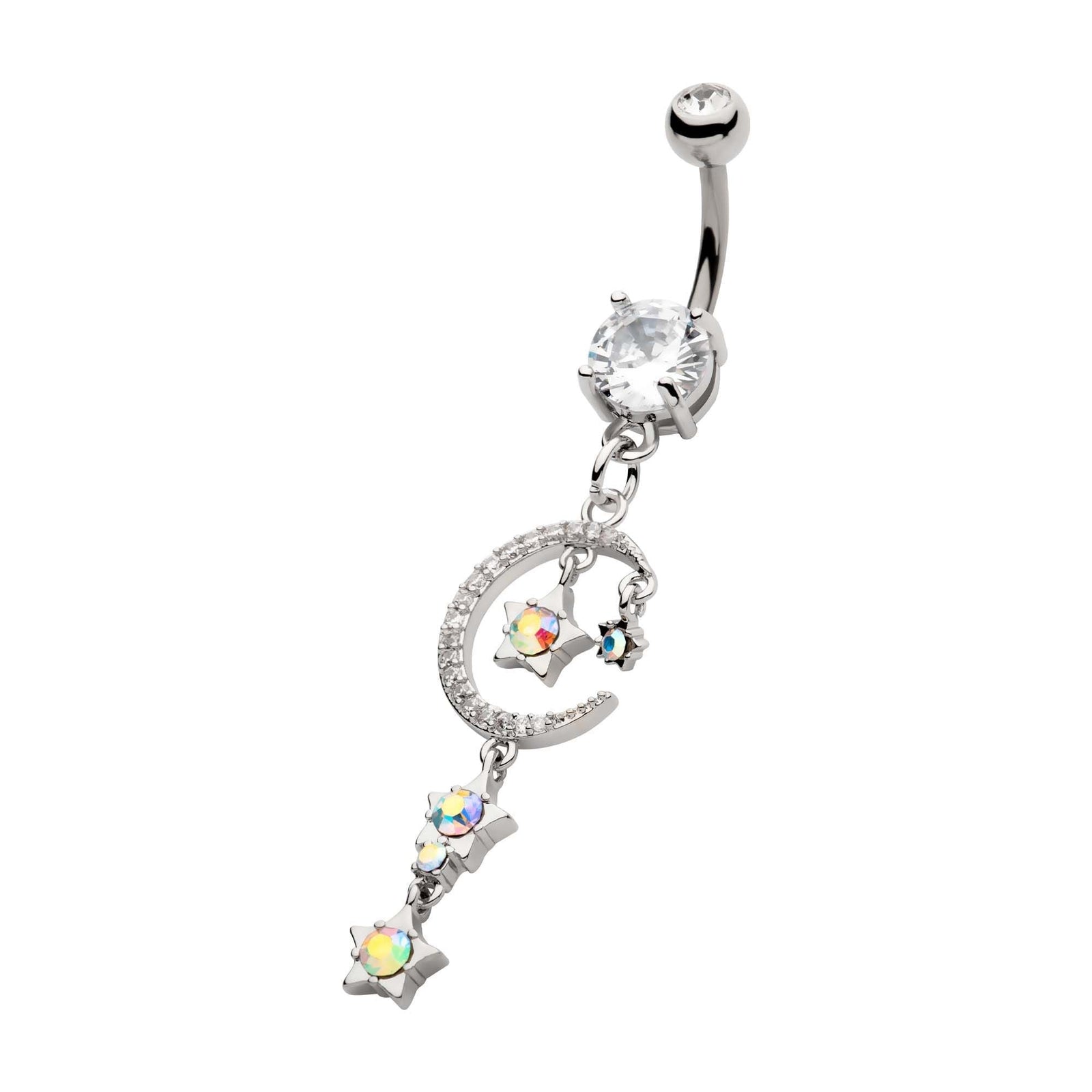 TBD-Belly Externally Threaded Aurora Borealis CZ Stars Clear CZ Crescent Moon Triple Dangle Navel -Rebel Bod-RebelBod