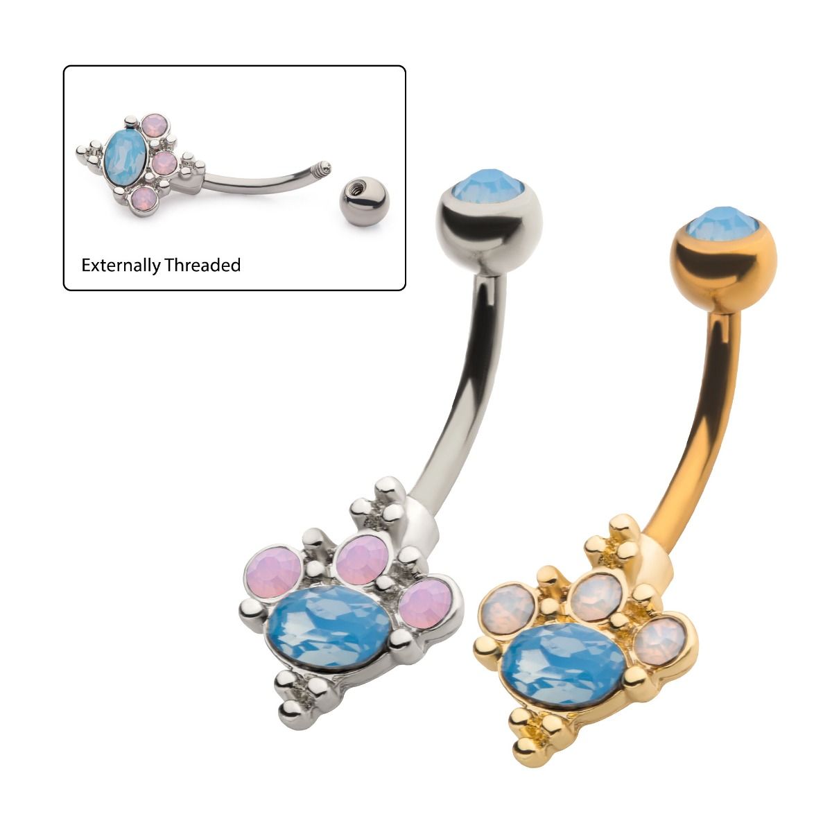 TBD-Belly Externally Threaded Bezel Set Top Clustered Beads Opalite Bottom Fixed Navel -Rebel Bod-RebelBod