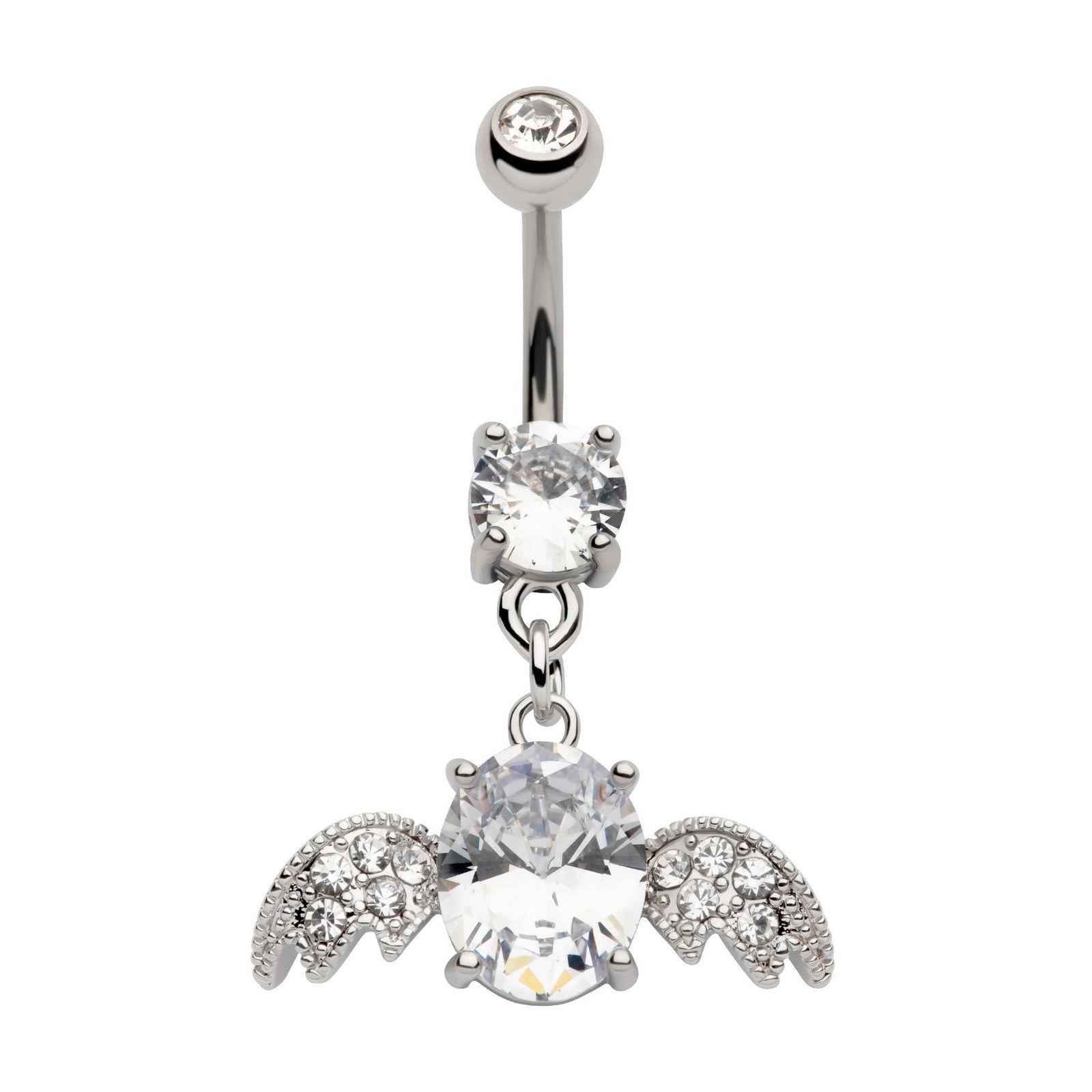 TBD-Belly Externally Threaded Big Oval CZ Multi Clear CZ Wings Dangle Navel -Rebel Bod-RebelBod