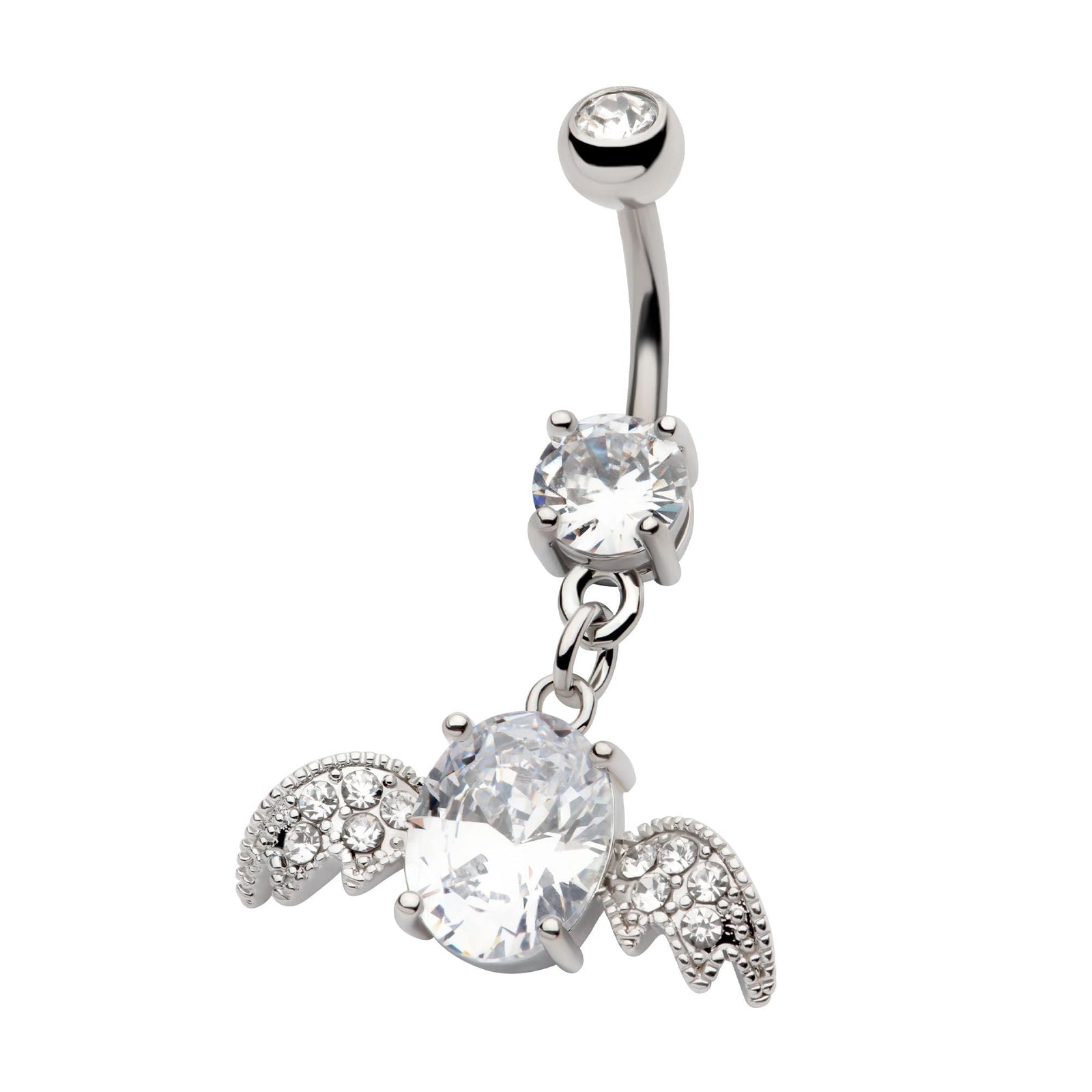 TBD-Belly Externally Threaded Big Oval CZ Multi Clear CZ Wings Dangle Navel -Rebel Bod-RebelBod